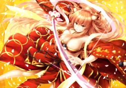 Rule 34 | 10s, 1girl, animal ear fluff, animal ears, bare shoulders, blade, blonde hair, breasts, cleavage, dutch angle, fate/extra, fate/extra ccc, fate/extra ccc fox tail, fate (series), fingernails, floral print, fox ears, fox tail, from above, grin, hair ornament, holding, holding sword, holding weapon, japanese clothes, jewelry, katana, large breasts, long hair, looking at viewer, midriff, necklace, petals, pom pom (clothes), ribbon-trimmed sleeves, ribbon trim, smile, solo, sparkle, suien, suzuka gozen (fate), suzuka gozen (third ascension) (fate), sword, tail, teeth, very long hair, weapon, wide sleeves, yellow eyes