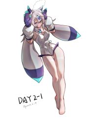 Rule 34 | 1girl, arknights, barefoot, blue eyes, blue gloves, blush, breasts, cleavage, commentary request, cosplay, dated, fake horns, feathered wings, feathers, gaoling gangqin, gloves, head wings, horns, leotard, long hair, looking at viewer, lunaris (palworld), lunaris (palworld) (cosplay), medium breasts, mulberry (arknights), palworld, pantyhose, rabbit pose, solo, steam, thighband pantyhose, very long hair, white feathers, white hair, white leotard, white pantyhose, white wings, wings