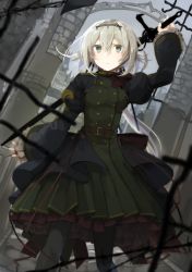 Rule 34 | 1girl, belt, black pantyhose, blurry, buttons, depth of field, double-breasted, dress, dutch angle, expressionless, frilled sleeves, frills, goth fashion, green dress, grey eyes, grey hair, hair intakes, highres, holding, holding sword, holding weapon, juliet sleeves, long hair, long sleeves, looking at viewer, low ponytail, mikoto kei, original, outdoors, pantyhose, petticoat, pleated dress, ponytail, puffy sleeves, solo, standing, sword, weapon