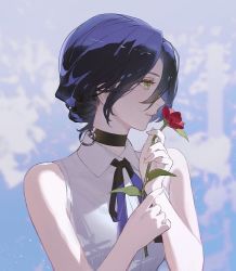 Rule 34 | 1girl, bare shoulders, black bow, black bowtie, black choker, black hair, blue background, blush, bow, bowtie, breasts, chainsaw man, choker, closed mouth, collared shirt, fingernails, flower, green eyes, grey shirt, hair between eyes, hands up, highres, holding, holding flower, leaf, long fingernails, looking to the side, medium breasts, purple hair, red flower, reze (chainsaw man), shirt, short hair, sidelocks, simple background, sleeveless, sleeveless shirt, smile, solo, upper body, yueko (jiayue wu)
