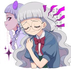 Rule 34 | 2girls, blunt bangs, bow, catchphrase, closed eyes, closed mouth, collared shirt, commentary request, cropped torso, dual persona, exhausted, freckles, frown, glasses, grey hair, grey jacket, hand on own shoulder, idol time pripara, jacket, koda michiru, long hair, looking at viewer, low twintails, miichiru (pripara), moudoku (decopon3rd), multiple girls, open mouth, pretty series, pripara, profile, red bow, red eyes, round eyewear, school uniform, shirt, smile, sparkle, translation request, twintails, upper body, very long hair, wavy hair, white shirt