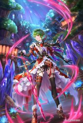 Rule 34 | 1girl, asellus (saga frontier), black gloves, black thighhighs, cape, closed mouth, elbow gloves, flower, full body, gloves, green hair, high heels, highres, holding, holding sword, holding weapon, nemusuke, official art, red eyes, red flower, red rose, romancing saga re;universe, rose, saga, saga frontier, short hair, shorts, solo, square enix, stairs, standing, sword, thighhighs, tree, weapon