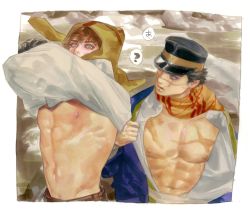 Rule 34 | 2boys, ?, abs, absurdres, bare pectorals, beard, blue eyes, brown eyes, brown hair, dima, facial hair, facial scar, golden kamuy, hat, highres, imperial japanese army, kepi, long sleeves, male focus, military hat, multiple boys, muscular, muscular male, navel, nipples, pectorals, russian clothes, scar, scar on cheek, scar on chest, scar on face, scar on mouth, scar on nose, short hair, simple background, spiked hair, sugimoto saichi, undressing, upper body, vasily (golden kamuy), wet