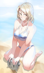 Rule 34 | 1girl, absurdres, ayakumo, barefoot, beach, bikini, blue sky, breasts, brown eyes, cleavage, cloud, day, highres, houston (kancolle), kantai collection, large breasts, light brown hair, long hair, navel, sand, sky, smile, swimsuit