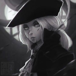 Rule 34 | 1girl, artist name, ascot, blood, blood on face, blood splatter, bloodborne, collar, expressionless, gem, greyscale, hat, koyorin, lady maria of the astral clocktower, lips, monochrome, parted lips, portrait, solo, the old hunters, tricorne, upper body, watermark, web address