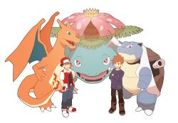 Rule 34 | 2boys, baseball cap, black pants, blastoise, blue oak, boot straps, boots, brown footwear, charizard, claws, closed mouth, commentary request, creatures (company), crossed arms, dragon, flame-tipped tail, game freak, gen 1 pokemon, hat, holding, holding poke ball, jacket, jaho, jewelry, long shirt, long sleeves, male focus, multiple boys, necklace, nintendo, pants, pants tucked in, poke ball, poke ball (basic), pokemon, pokemon (creature), pokemon rgby, purple shirt, red (pokemon), red headwear, shirt, shoes, short hair, short sleeves, smile, spiked hair, standing, starter pokemon trio, transparent background, venusaur