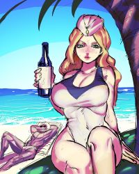 Rule 34 | 1boy, 1girl, alternate costume, arms behind head, beach, beach chair, blonde hair, blue eyes, blush, bottle, breasts, capcom, cleavage, dancho no mori, dark-skinned male, dark skin, drink, eyebrows, eyelashes, forehead jewel, hat, highres, holding, holding bottle, holding drink, kolin, large breasts, lips, long hair, looking at viewer, male swimwear, navel, ocean, one-piece swimsuit, palm tree, reclining, sand, sitting, sky, street fighter, street fighter v, sunglasses, sweat, swim briefs, swimsuit, thick lips, thick thighs, thighs, thong, tree, urien, wavy hair, white hair, white male swimwear, white swim briefs, wide hips