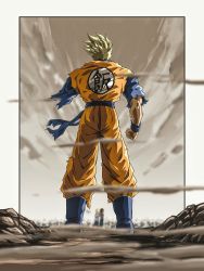 Rule 34 | 1girl, 2boys, amputee, android 17, android 18, blue sash, blue shirt, border, clenched hand, commentary request, desert, dougi, dragon ball, dragonball z, highres, karate gi, missing limb, multiple boys, muscular, muscular male, orange pants, orange vest, outdoors, pants, renh 59, sash, shirt, short sleeves, son gohan, super saiyan, super saiyan 1, vest, white border, wristband