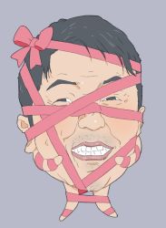 Rule 34 | 1boy, absurdres, bad id, bad twitter id, black hair, donguri suzume, facial hair, grey background, highres, hololive, looking at viewer, male focus, naked ribbon, ribbon, short hair, simple background, solo, stubble, teeth, what, yagoo