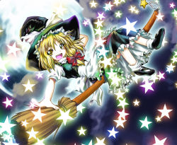 Rule 34 | 1girl, aozora market, blonde hair, bow, braid, broom, broom riding, female focus, full body, glowing, gradient background, hair bow, hand on headwear, hat, kirisame marisa, mary janes, open mouth, petticoat, shoes, sidesaddle, solo, star (symbol), touhou, witch, witch hat, yellow eyes