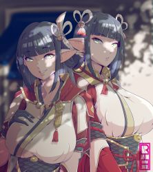 Rule 34 | 2girls, absurdres, artist request, black gloves, black hair, blunt bangs, blush, breasts, closed mouth, fewer digits, gloves, hair ornament, highres, hinoa, japanese clothes, large breasts, long hair, looking at viewer, minoto, monster hunter (series), monster hunter rise, multiple girls, pointy ears, siblings, sidelocks, sisters, smile, twins, yellow eyes