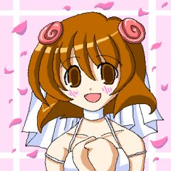 Rule 34 | 00s, 1girl, abstract background, blush, bride, brown eyes, brown hair, dress, ichijou, looking at viewer, lowres, open mouth, pani poni dash!, petals, short hair, smile, solo, veil, wedding dress