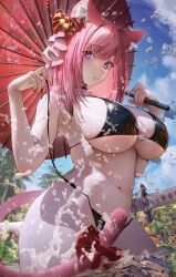 Rule 34 | 1girl, animal ears, bare shoulders, bikini, black bikini, blush, bow, breasts, hair bow, highres, holding, holding umbrella, indie virtual youtuber, large breasts, long hair, looking at viewer, medium bangs, nanaken nana, outdoors, pink hair, pink tail, purple eyes, second-party source, slit pupils, smile, strap pull, swimsuit, sword, tail, tail bow, tail ornament, tenshouin himeno, umbrella, virtual youtuber, wading, water drop, weapon, wet