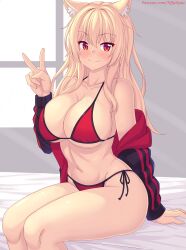 Rule 34 | 1girl, animal ears, bare shoulders, bikini, blonde hair, blush, breasts, cat ears, cat girl, cleavage, closed mouth, collarbone, commentary, english commentary, hand up, highres, jacket, large breasts, long hair, long sleeves, looking at viewer, nottytiffy, off shoulder, open clothes, open jacket, original, patreon username, red bikini, red eyes, side-tie bikini bottom, sideboob, sitting, slit pupils, smile, solo, swimsuit, thighs, tiffy (nottytiffy), underboob, v