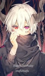 Rule 34 | 1boy, antenna hair, bandaged arm, bandages, barcode, barcode tattoo, black scarf, black sweater, english text, facial tattoo, fingernails, forest, hand up, happy birthday, highres, horns, irohatomo, long sleeves, looking at viewer, mafumafu, male focus, nature, niconico, night, red eyes, scarf, scarf over mouth, short hair, snow, snowing, solo, straight hair, sweater, tattoo, tree, utaite, white hair, winter