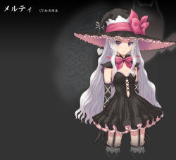 Rule 34 | 10s, 1girl, black gloves, black thighhighs, blade arcus from shining, bow, capelet, cowboy shot, earrings, elbow gloves, garter straps, gloves, gradient background, hat, hat bow, jewelry, long hair, looking at viewer, melty (shining hearts), navel, pointy ears, purple eyes, shining (series), shining hearts, skirt, solo, thighhighs, tony taka, very long hair, witch hat