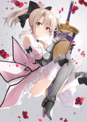 Rule 34 | 1girl, armored boots, artoria pendragon (all), artoria pendragon (fate), ass, bad id, bad pixiv id, bare shoulders, between legs, black bow, blush, boots, bow, breasts, caliburn (fate), closed mouth, collar, commentary request, cosplay, detached collar, detached sleeves, dress, fate/kaleid liner prisma illya, fate/stay night, fate/unlimited codes, fate (series), flower, garter straps, gauntlets, grey background, hair between eyes, hair bow, hands up, high heel boots, high heels, high ponytail, illyasviel von einzbern, knee boots, light brown hair, long hair, looking at viewer, nanananana, panties, petals, pink dress, ponytail, puffy short sleeves, puffy sleeves, red eyes, red flower, saber lily, saber lily (cosplay), short sleeves, sidelocks, small breasts, smile, solo, strapless, strapless dress, tears, thighhighs, underwear, white collar, white panties, white thighhighs
