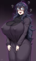 Rule 34 | 1girl, ?, @ @, ahoge, alternate breast size, bags under eyes, blush, breasts, covered erect nipples, creatures (company), curvy, dress, game freak, hair between eyes, hairband, hex maniac (pokemon), highres, huge breasts, lips, long dress, long hair, looking at viewer, messy hair, nintendo, nipples, open mouth, pokemon, pokemon xy, purple eyes, purple hair, purple hairband, purple nails, smile, solo, thick thighs, thighs, twrlare, very long hair