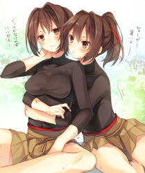 Rule 34 | 10s, 2girls, breasts, brown eyes, brown hair, hot, hug, hug from behind, hyuuga (kancolle), ise (kancolle), kantai collection, large breasts, multiple girls, pleated skirt, ponytail, short hair, signature, sitting, sketch, skirt, sweat, text focus, toosaka asagi, translation request