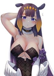 Rule 34 | 1girl, absurdres, alternate breast size, arm behind head, armpits, bare shoulders, black dress, blush, breasts, cleavage, collar, collarbone, dress, feathered wings, highres, hololive, hololive english, holomyth, large breasts, long hair, low wings, ninomae ina&#039;nis, ninomae ina&#039;nis (1st costume), orange hair, parted lips, purple eyes, purple hair, ryoshi, simple background, solo, tentacle hair, tiara, underboob, upper body, virtual youtuber, white background, wings