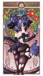 Rule 34 | 1girl, animal ear fluff, animal ears, aqua eyes, arm at side, art nouveau, ass, back, belt bra, big hair, black hair, black nails, black shorts, bra, breasts, brown pantyhose, cerberus (kemono friends), chiki yuuko, commentary request, copyright name, cutoffs, dog ears, feet out of frame, fingernails, flower, from behind, glowing, glowing hair, hair between eyes, hand up, highres, kemono friends, lipstick, lizard tail, looking at viewer, looking back, makeup, micro shorts, multicolored hair, nail polish, pantyhose, pantyhose under shorts, parted lips, purple hair, scar, scar across eye, scar on face, shorts, skindentation, solo, spikes, standing, strapless, strapless bra, tail, thigh strap, torn clothes, torn legwear, torn pantyhose, two-tone hair, two side up, underwear