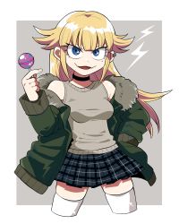 Rule 34 | 1girl, bare shoulders, black choker, blonde hair, blue eyes, breasts, candy, choker, commentary, commission, cropped legs, english commentary, fangs, food, fur trim, furukawa (yomawari), green jacket, grey thighhighs, hand in pocket, hand up, highres, jacket, lollipop, long hair, looking at viewer, medium breasts, miniskirt, mole, mole under eye, open mouth, original, pixiv commission, plaid, plaid skirt, pleated skirt, skindentation, skirt, solo, standing, thighhighs, vest, zettai ryouiki