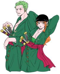 Rule 34 | 1boy, 1girl, arms behind head, arms up, bandana, black bandana, black headwear, breasts, cleavage, cosplay, earrings, green hair, haramaki, highres, japanese clothes, jewelry, large breasts, long hair, mike (tomatomato244), nami (one piece), one eye closed, one piece, orange eyes, orange hair, red sash, roronoa zoro, roronoa zoro (cosplay), sash, scar, scar across eye, scar on chest, sheath, sheathed, short hair, sleeves rolled up, sword, weapon