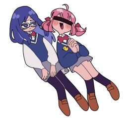 Rule 34 | 2girls, :3, ahoge, aruko okara, bar censor, black pantyhose, black socks, blue eyes, blue hair, blue sweater, blue sweater vest, blush, bow, bowtie, brown footwear, censored, closed mouth, covered eyes, domino mask, facing viewer, glasses, grey skirt, hair ribbon, hands up, head tilt, hikimayu, identity censor, indie virtual youtuber, jbs0, jitome, kneehighs, loafers, long hair, long sleeves, looking at another, mask, medium hair, multiple girls, open mouth, own hands clasped, own hands together, pantyhose, pink hair, red bow, red bowtie, red ribbon, ribbon, school uniform, shirt, shoes, short twintails, side-by-side, simple background, skirt, smile, socks, sweater, sweater vest, tokumei radio, twintails, v-shaped eyebrows, virtual youtuber, white background, white shirt, zanko