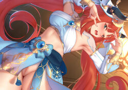 1girl aqua_eyes armpits arms_up blue_bow blue_brooch blue_skirt blush bow bracer breasts brooch censored circlet closed_mouth crop_top dutch_angle fake_horns fox_shadow_puppet from_above genkung genshin_impact gold_trim harem_outfit highres horns jewelry long_hair long_sleeves lying medium_breasts midriff mosaic_censoring neck_ring nilou_(genshin_impact) no_panties on_back open_mouth paid_reward_available parted_bangs puffy_long_sleeves puffy_sleeves pussy red_hair shrug_(clothing) skirt solo sparkle stomach teeth twintails upper_teeth_only variant_set veil very_long_hair vision_(genshin_impact) water white_veil