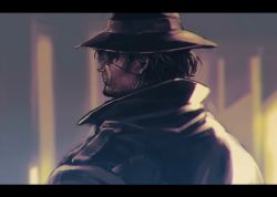Rule 34 | 1boy, belmond banderas, closed mouth, coat, commentary, eyepatch, facial hair, from behind, hat, letterboxed, male focus, manly, nijisanji, sakino shingetsu, solo, upper body, virtual youtuber