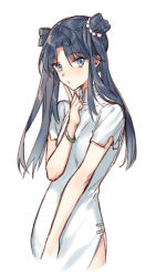 Rule 34 | 1girl, blue eyes, blue hair, blush, china dress, chinese clothes, double bun, dress, finger to face, hair bun, index finger raised, kangetsu (fhalei), looking at viewer, original, parted bangs, short sleeves, simple background, solo, twintails, upper body, white background, wristband