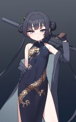 Rule 34 | 1girl, black background, black dress, black gloves, blue archive, breasts, china dress, chinese clothes, commentary, covered navel, cs/ls06, double bun, dragon print, dress, gloves, gradient background, grey eyes, grey jacket, gun, hair bun, highres, holding, holding gun, holding weapon, jacket, kam-ja, kisaki (blue archive), long hair, looking at viewer, print dress, sleeveless, sleeveless dress, small breasts, solo, standing, striped clothes, striped jacket, submachine gun, thighs, twintails, vertical-striped clothes, vertical-striped jacket, weapon
