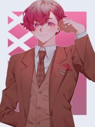 Rule 34 | 1boy, alexis ness, arm behind back, blue lock, brown jacket, brown necktie, brown suit, brown vest, closed mouth, collared shirt, cowboy shot, formal, hand up, highres, jacket, long sleeves, looking at viewer, male focus, na su, necktie, pink background, red eyes, red hair, shirt, short hair, smile, solo, standing, suit, vest, white shirt
