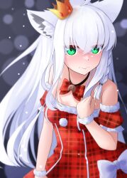 Rule 34 | 1girl, ahoge, animal ear fluff, animal ears, bare shoulders, blush, bow, bowtie, braid, breasts, christmas, commentary request, crown, dress, fox ears, fox girl, green eyes, grey background, hair between eyes, highres, hololive, long hair, looking at viewer, mini crown, red dress, shia aoi, shirakami fubuki, sidelocks, simple background, single braid, small breasts, solo, virtual youtuber, wavy mouth, white hair