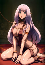 Rule 34 | 10s, 1girl, absurdres, annelotte, breasts, eiwa, highres, jewelry, large breasts, long hair, lots of jewelry, official art, pointy ears, queen&#039;s blade, queen&#039;s blade rebellion, queen&#039;s blade vanquished queens, sitting, solo, white hair