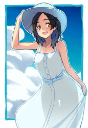 Rule 34 | 1girl, :d, arm up, bare arms, bare shoulders, black hair, blue dress, blue hair, blue hat, blue sash, blue sky, blush, border, breasts, cloud, collarbone, commentary request, cowboy shot, day, dress, forehead, hair ornament, hairclip, hand on headwear, hat, highres, kantai collection, kuroshio (kancolle), kuroshio kai ni (kancolle), looking at viewer, medium breasts, multicolored hair, open mouth, outdoors, outside border, sash, see-through silhouette, short hair, skirt hold, sky, sleeveless, sleeveless dress, smile, solo, standing, streaked hair, sun hat, taketora suzume, white border, white hat, yellow eyes