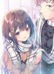 Rule 34 | 1boy, 1girl, :d, black coat, blush, breath, brown coat, brown eyes, brown hair, closed mouth, coat, collared shirt, commentary request, crescent, crescent hair ornament, fringe trim, getabako, hair between eyes, hair ornament, highres, long hair, long sleeves, looking at viewer, miwabe sakura, open mouth, original, plaid, plaid scarf, scarf, shirt, sleeves past wrists, smile, standing, star (symbol), star hair ornament, very long hair, white shirt