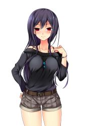 Rule 34 | 1girl, bare shoulders, belt, black hair, blush, bracelet, breasts, earrings, hand on own hip, hayakawa akari, highres, jewelry, long hair, looking at viewer, mole, necklace, red eyes, shirt, shorts, simple background, smile, solo, standing, transparent background