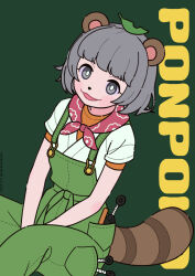 Rule 34 | 1girl, animal ears, between legs, blush, character name, commentary, feet out of frame, green background, grey eyes, grey hair, hair ornament, hand between legs, highres, kunai, layered sleeves, leaf hair ornament, looking at viewer, mode aim, neki (wakiko), open mouth, orange shirt, ponpoko (vtuber), raccoon ears, raccoon girl, raccoon tail, shirt, short hair, short sleeves, simple background, smile, solo, striped tail, tail, virtual youtuber, weapon