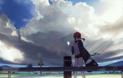Rule 34 | 1girl, bag, black shorts, breasts, cellphone, cloud, cloudy sky, danzir, day, drawstring, facing away, fence, field, floating hair, hand up, highres, holding, holding bag, holding phone, jacket, long hair, long sleeves, low ponytail, mountainous horizon, open clothes, open jacket, original, outdoors, phone, ponytail, red hair, road, road sign, scenery, shorts, sidelocks, sign, sky, sleeves past wrists, smartphone, standing, street, taking picture, wind