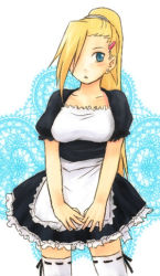 Rule 34 | 1girl, apron, blonde hair, blue eyes, earrings, frills, hair ornament, hairclip, jewelry, long hair, lowres, maid, maid apron, naruto, naruto (series), ponytail, skirt, solo, standing, teramoto kei, thighhighs, white thighhighs, yamanaka ino