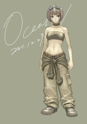 Rule 34 | 1girl, baggy pants, bare shoulders, belt, bob cut, boots, brown hair, choker, clothes around waist, full body, goggles, goggles on head, last exile, lavie head, midriff, ocean (moguyobi), pants, purple eyes, shirt, shirt around waist, solo, strapless, tube top, unfastened