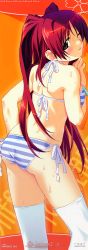 Rule 34 | 1girl, absurdres, ass, bikini, blush, brown eyes, highres, kneepits, kousaka tamaki, long hair, long image, looking back, one eye closed, red hair, side-tie bikini bottom, solo, stick poster, striped bikini, striped clothes, swimsuit, tall image, thighhighs, to heart (series), to heart 2, watanabe akio, wet, white thighhighs, wink