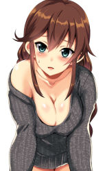 Rule 34 | 1girl, bare shoulders, blush, breasts, brown hair, cleavage, collarbone, green eyes, kantai collection, kyogoku shin, large breasts, leaning forward, long hair, looking at viewer, naked sweater, navel, noshiro (kancolle), off shoulder, open mouth, shiny skin, simple background, smile, solo, standing, sweatdrop, sweater, white background