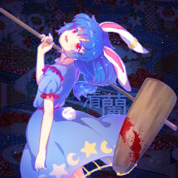 Rule 34 | 1girl, ambiguous red liquid, animal ears, blood, blood stain, blue dress, blue hair, blue skirt, rabbit ears, rabbit tail, character name, crescent, dress, earclip, emia wang, head tilt, kine, long hair, mallet, open mouth, over shoulder, ponytail, puffy short sleeves, puffy sleeves, red eyes, seiran (touhou), shaft look, short sleeves, skirt, smile, solo, stain, star (symbol), tail, touhou, weapon, weapon over shoulder