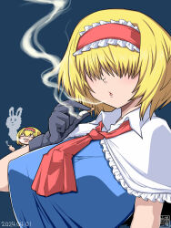Rule 34 | 2girls, alice margatroid, black gloves, blonde hair, blue background, blue dress, blush, breasts, capelet, cigarette, closed eyes, collared capelet, commentary request, cookie (touhou), dated, dress, fluffy fluffy rabbit-chan, gloves, hair between eyes, hair over eyes, highres, holding, holding cigarette, ichigo (cookie), itini-sanshi, jigen (cookie), large breasts, long bangs, multiple girls, necktie, open mouth, red necktie, short hair, simple background, smoke, smoking, solo focus, touhou, upper body, white capelet