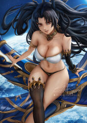 Rule 34 | 1girl, armlet, asymmetrical legwear, asymmetrical sleeves, black hair, breasts, cleavage, crossed legs, detached sleeves, earrings, elbow gloves, fate/grand order, fate (series), feet out of frame, gloves, hair ribbon, heavenly boat maanna, ishtar (fate), jewelry, large breasts, lips, long hair, looking at viewer, navel, neck ring, open mouth, parted bangs, parted lips, planet, ribbon, single detached sleeve, single elbow glove, single thighhigh, sky, smile, solo, space, star (sky), starry sky, stomach, supullim, teeth, thighhighs, tiara, twintails, two side up, uneven legwear, uneven sleeves