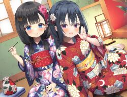 Rule 34 | 2girls, asa no ha (awayuki), black hair, blue eyes, blue kimono, blush, braid, floral print, hair ornament, hairclip, highres, indoors, japanese clothes, kimono, kinchaku, lantern, long hair, looking at viewer, mimikaki, mimikaki rifure, multiple girls, obi, official art, pouch, purple eyes, red kimono, sash, sitting, somei yoshino (mimikaki rifure), takane (mimikaki rifure)