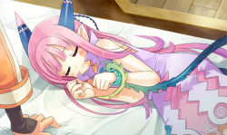 Rule 34 | blush, closed eyes, horns, long hair, lying, milreaf, on bed, on side, pink hair, pointy ears, solo, summon night, summon night 4, tail