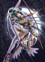 Rule 34 | 1girl, animal ears, arrow (projectile), bamboo, blue hair, bow (weapon), breasts, rabbit ears, cleavage, copyright name, drawing bow, force of will, holding bow (weapon), japanese clothes, leaf, long hair, moon, nagasaki yuko, official art, open mouth, ponytail, quiver, red eyes, sandals, solo, thighhighs, weapon